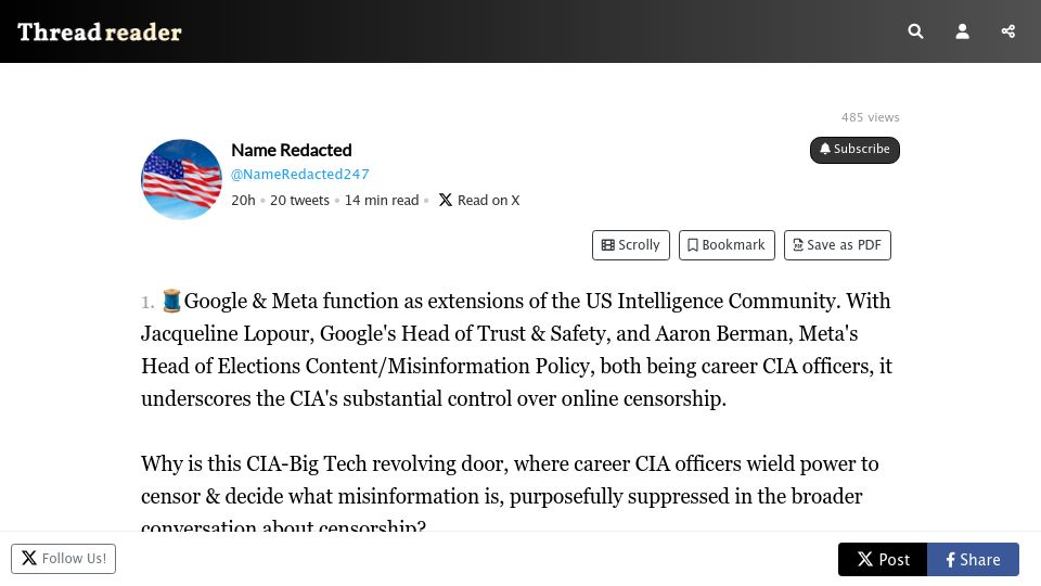 Screenshot of threadreaderapp.com: Google and Meta Function as Extensions of the US Intelligence Community