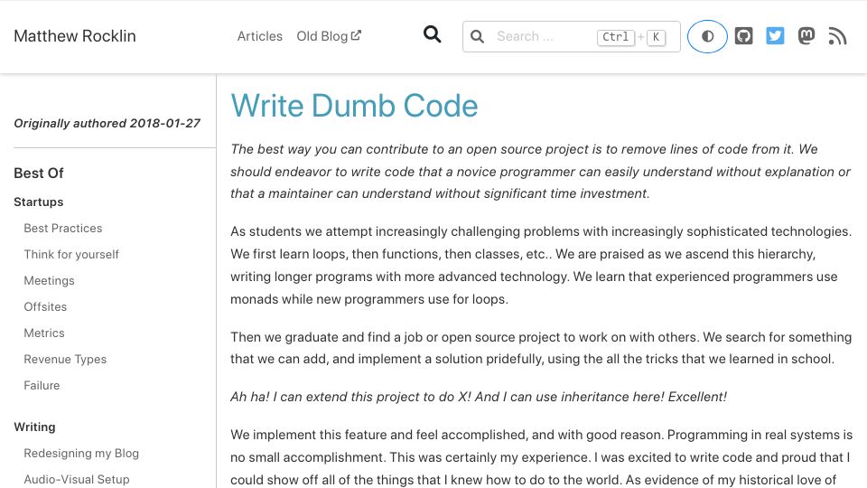 Screenshot of matthewrocklin.com: Write Dumb Code (2018)