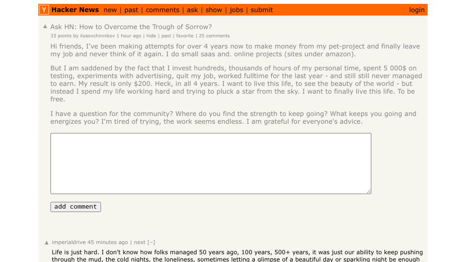 Screenshot of Hacker News post: Ask HN: How to Overcome the Trough of Sorrow?