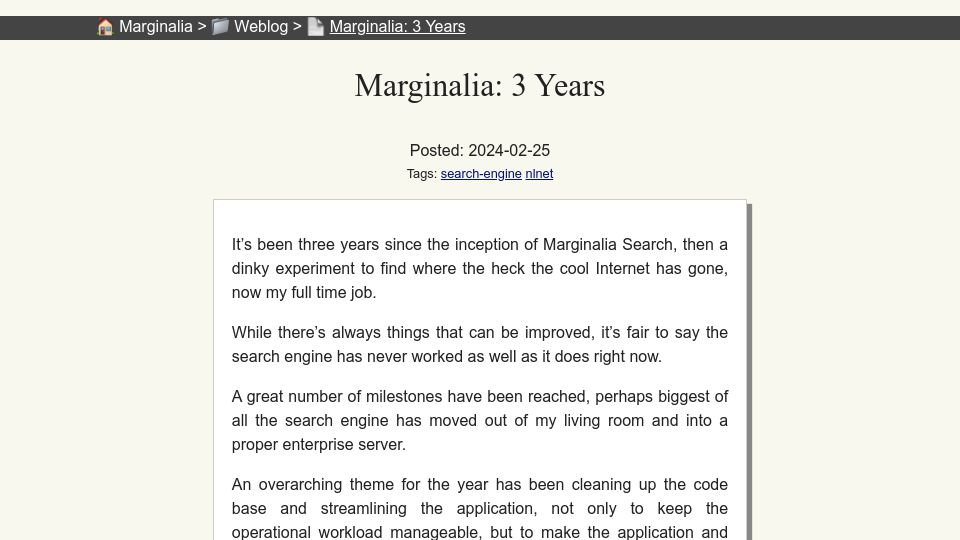 Screenshot of marginalia.nu: Marginalia: 3 Years