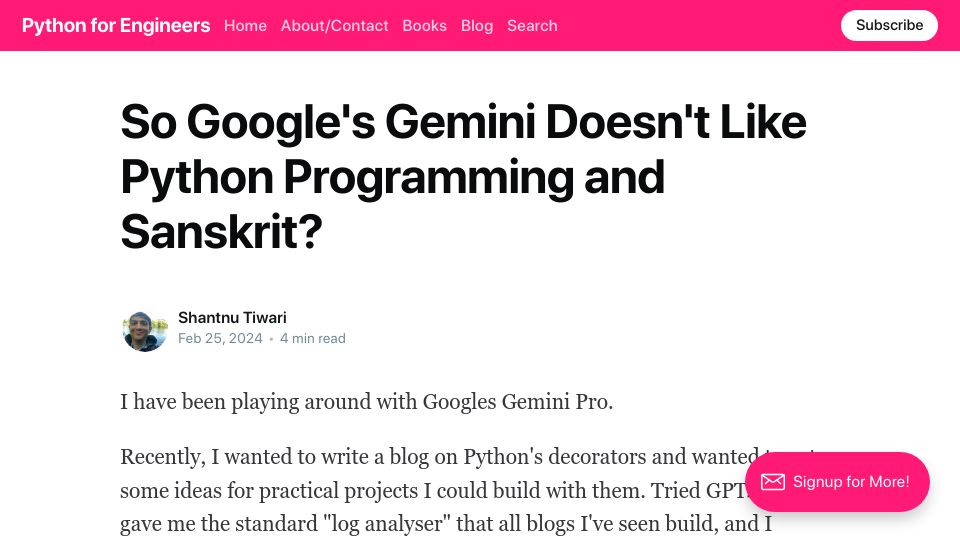Screenshot of new.pythonforengineers.com: So Google's Gemini Doesn't Like Python Programming and Sanskrit?