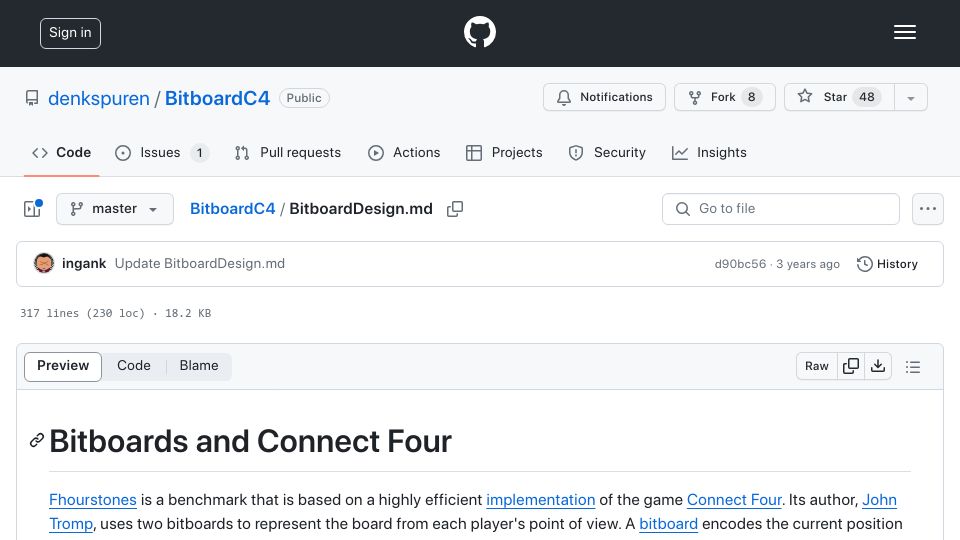 Screenshot of github.com: Bitboards and Connect Four