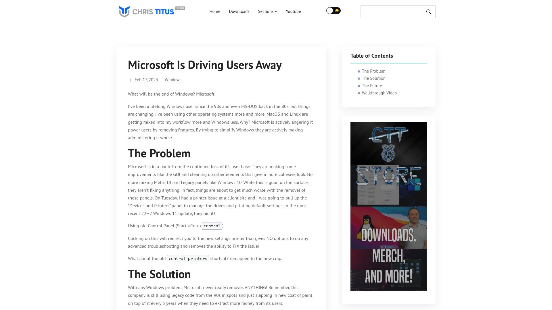 Screenshot of christitus.com: Microsoft Is Driving Users Away
