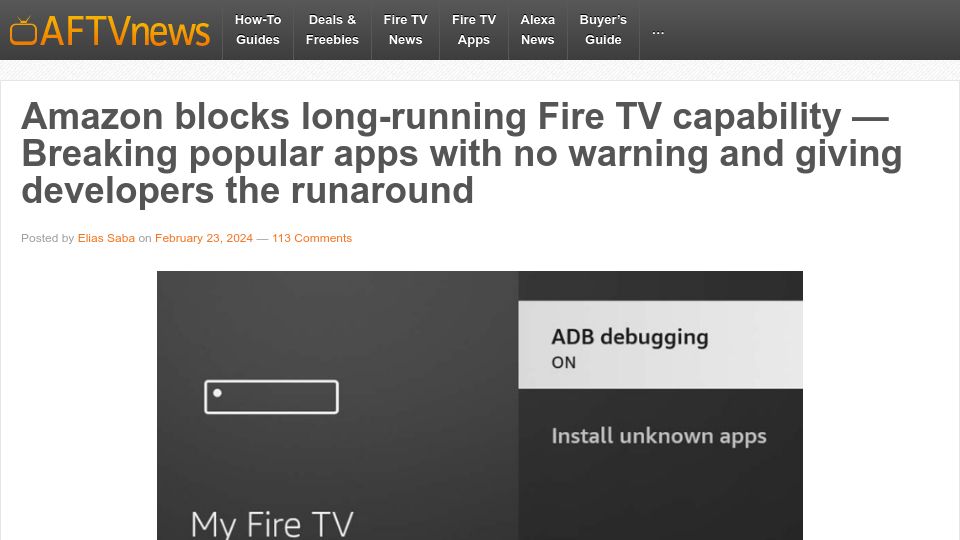 Screenshot of aftvnews.com: Amazon blocks long-running FireTV capability, Breaking apps with no warning