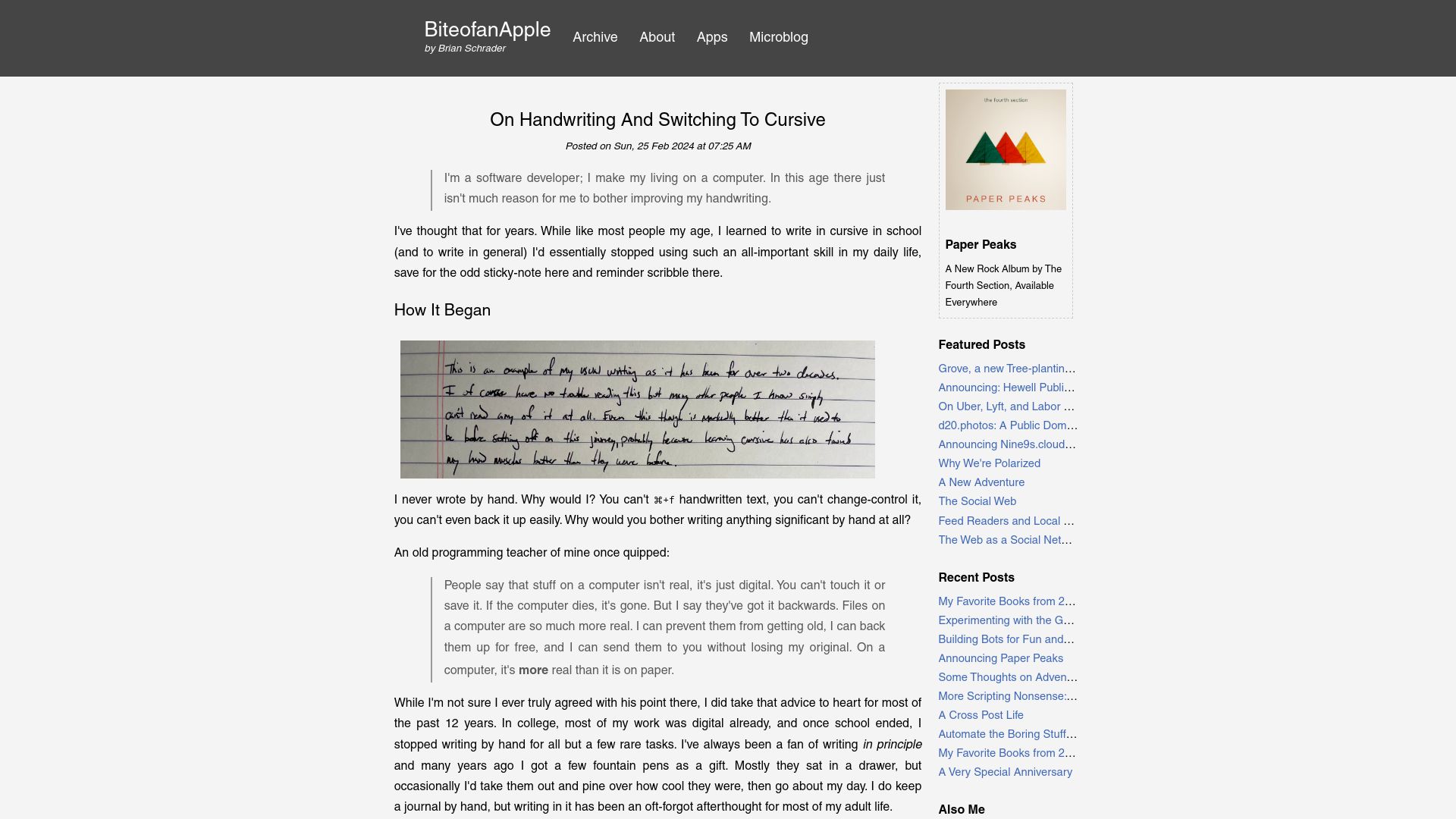 Screenshot of brianschrader.com: On Handwriting and Switching to Cursive