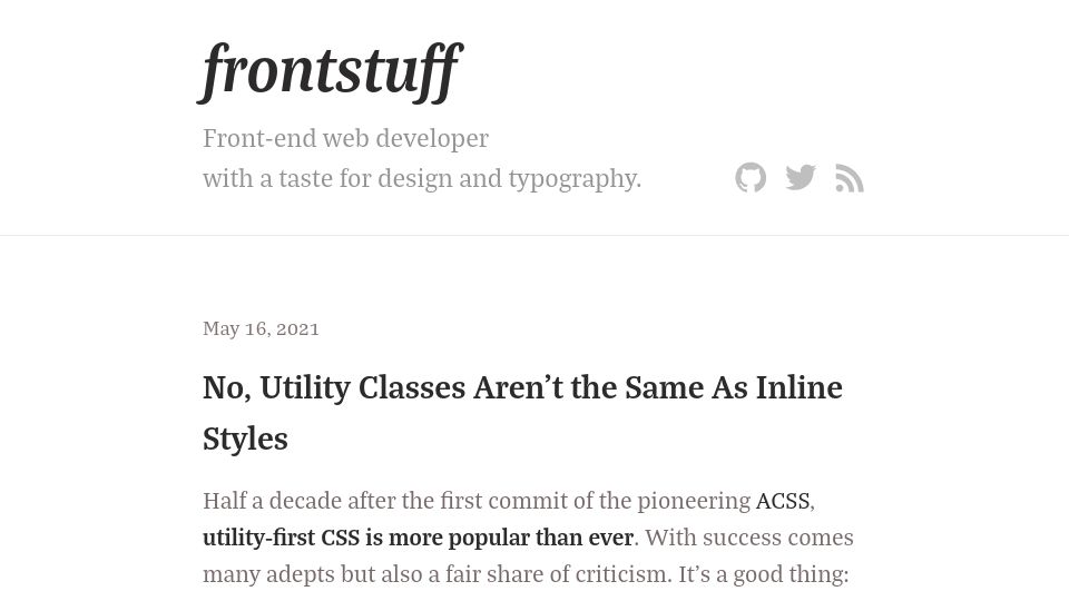 Screenshot of frontstuff.io: Utility classes aren't the same as inline styles (2021)