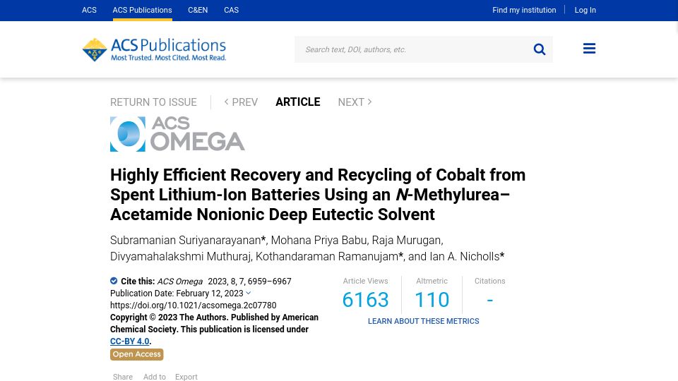 Screenshot of pubs.acs.org: Efficient recovery and recycling of cobalt from spent lithium-ion batteries