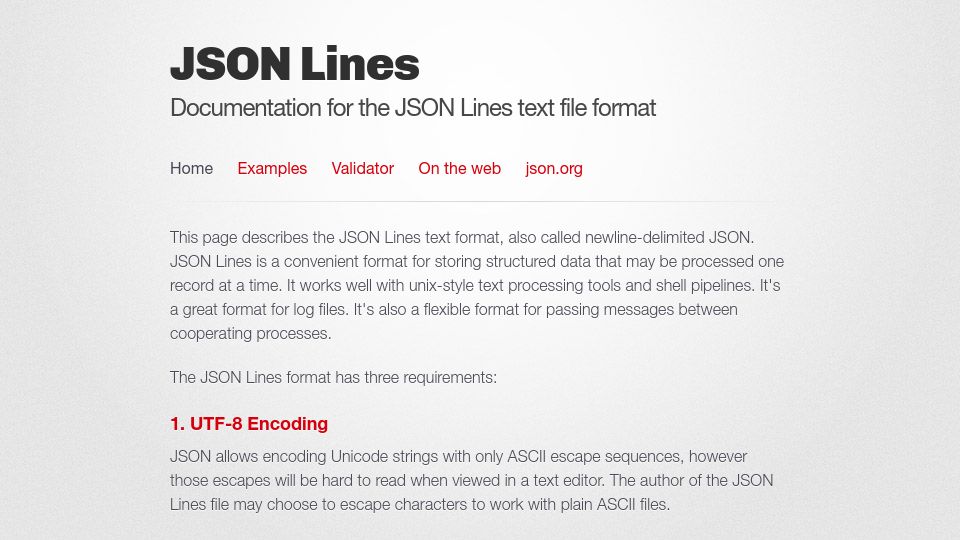 Screenshot of jsonlines.org: Documentation for the JSON Lines text file format