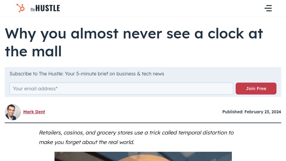 Screenshot of thehustle.co: You almost never see a clock at the mall