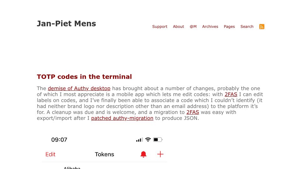 Screenshot of jpmens.net: TOTP Codes in the Terminal