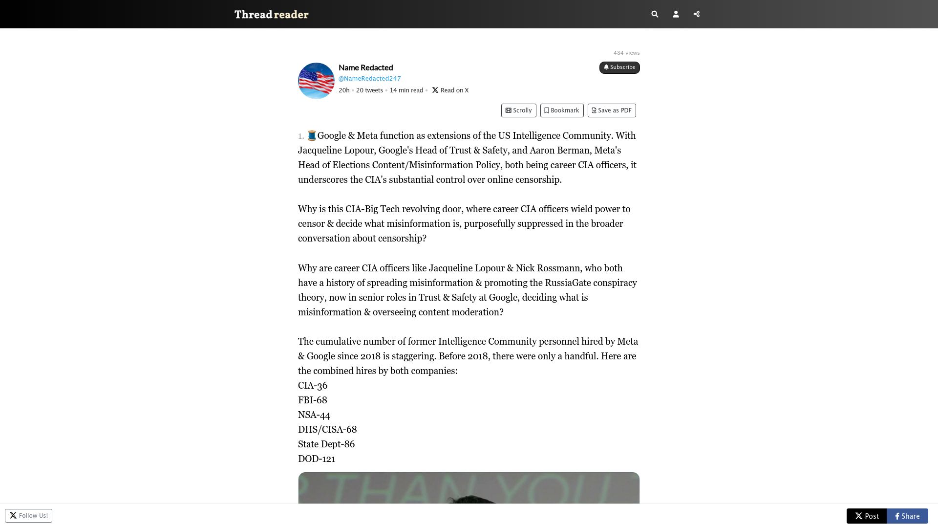 Screenshot of threadreaderapp.com: Google and Meta Function as Extensions of the US Intelligence Community