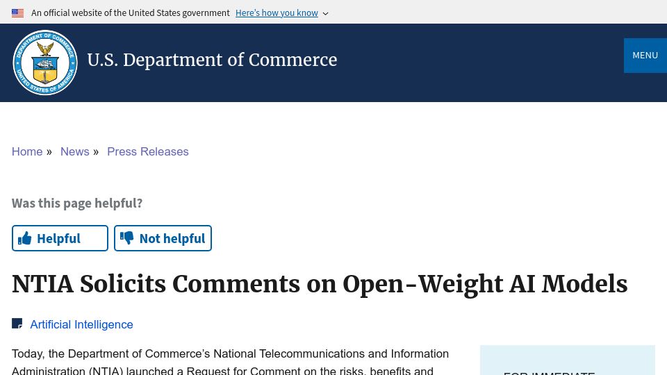 Screenshot of commerce.gov: NTIA Solicits Comments on Open-Weight AI Models