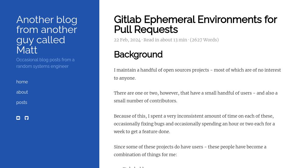 Screenshot of blog.mattsbit.co.uk: My attempt at Gitlab PR review environments with Nomad