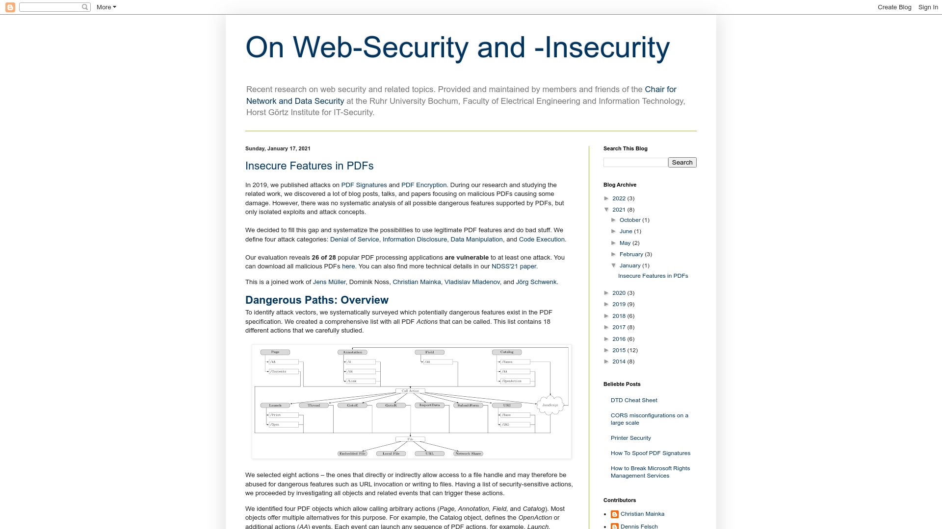 Screenshot of web-in-security.blogspot.com: Insecure Features in PDFs (2021)