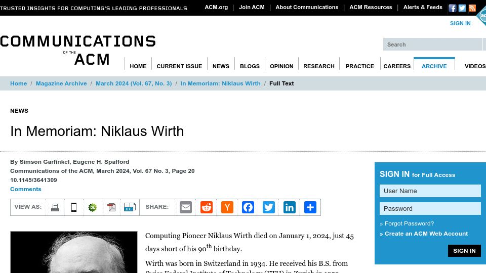 Screenshot of cacm.acm.org: In Memoriam: Niklaus Wirth