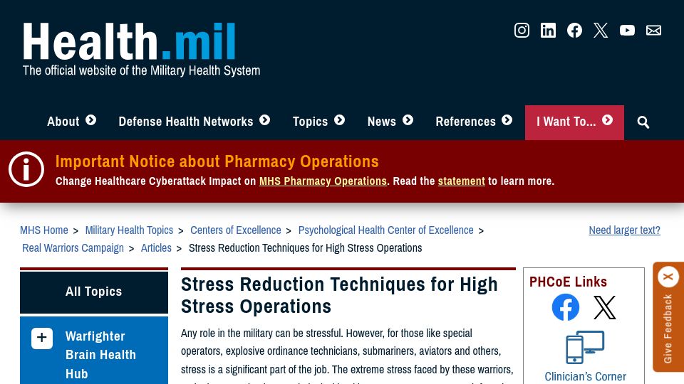 Screenshot of health.mil: Stress reduction techniques for high stress operations (2023)