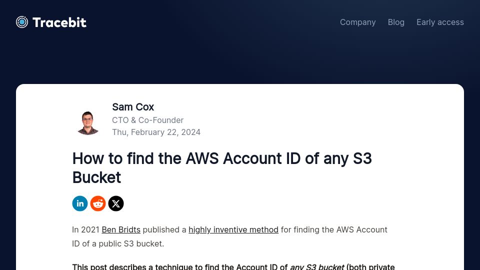 Screenshot of tracebit.com: How to find the AWS account ID of any S3 bucket