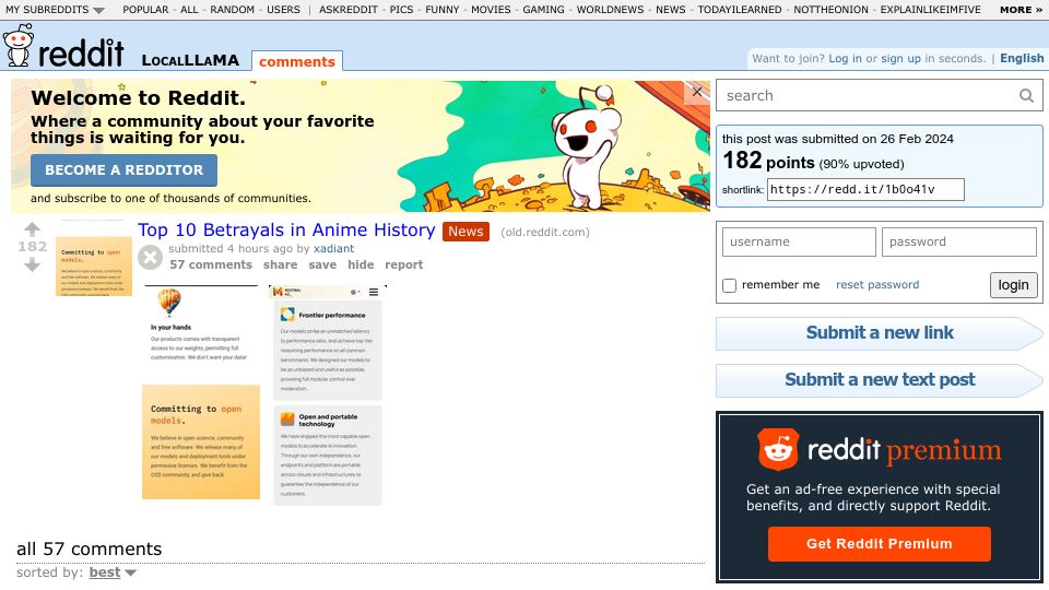 Screenshot of old.reddit.com: Mistral Remove "Committing to open models" from their website