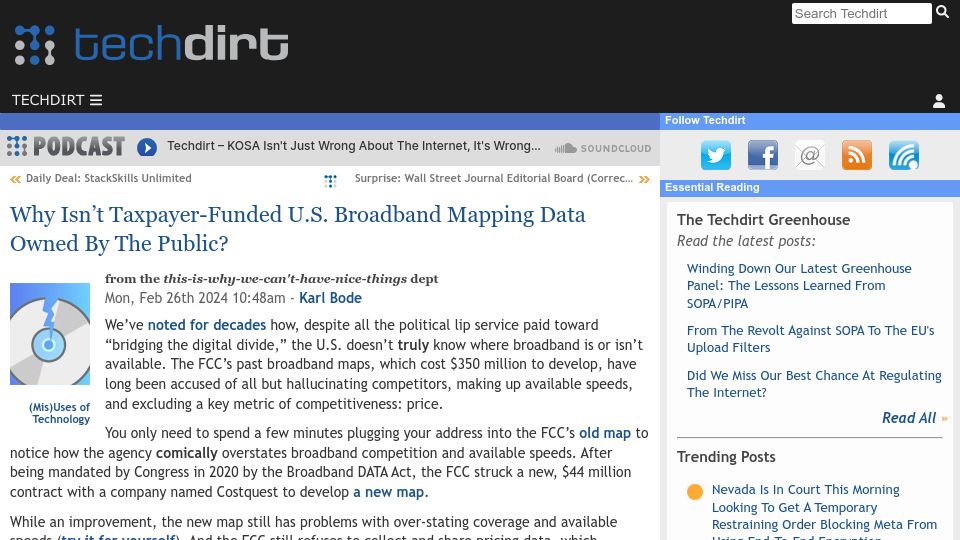 Screenshot of techdirt.com: Why Isn't Taxpayer-Funded U.S. Broadband Mapping Data Owned by the Public?