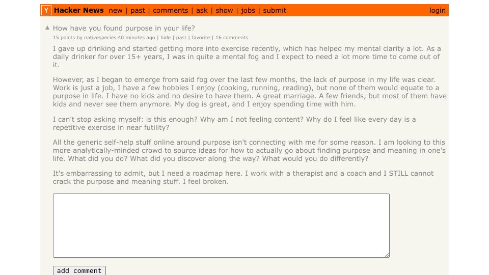 Screenshot of Hacker News post: How have you found purpose in your life?