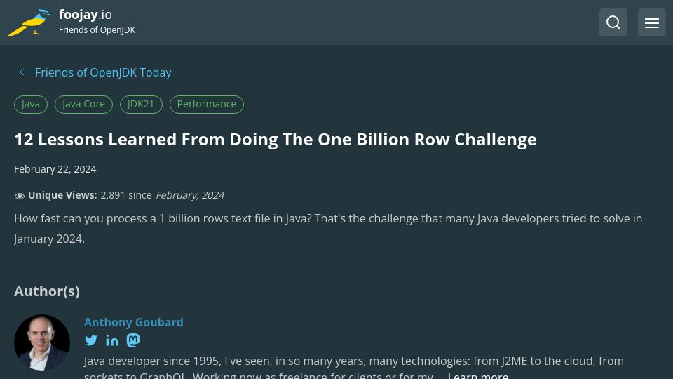 Screenshot of foojay.io: Lessons learned from doing the one billion row challenge