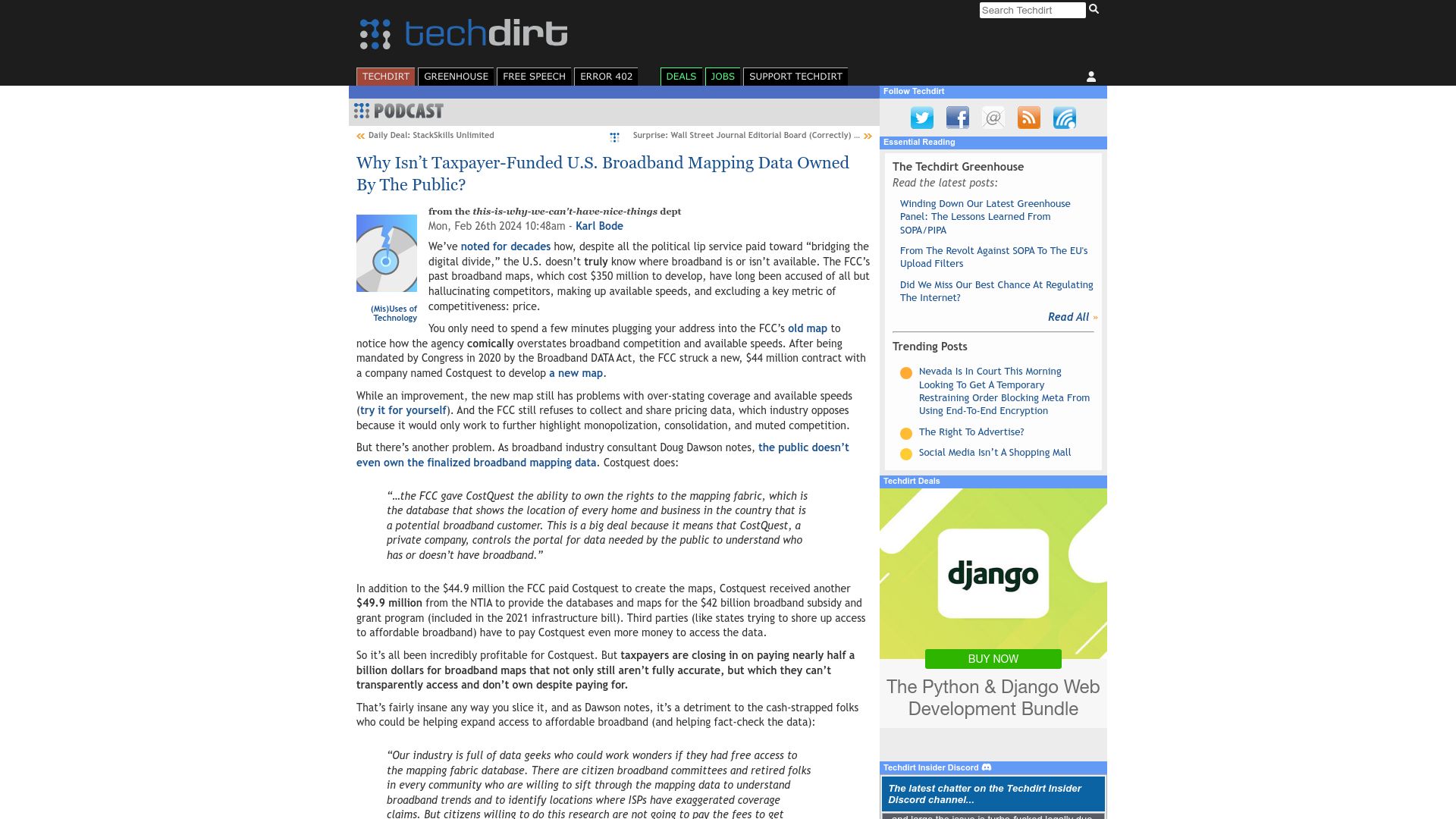 Screenshot of techdirt.com: Why Isn't Taxpayer-Funded U.S. Broadband Mapping Data Owned by the Public?