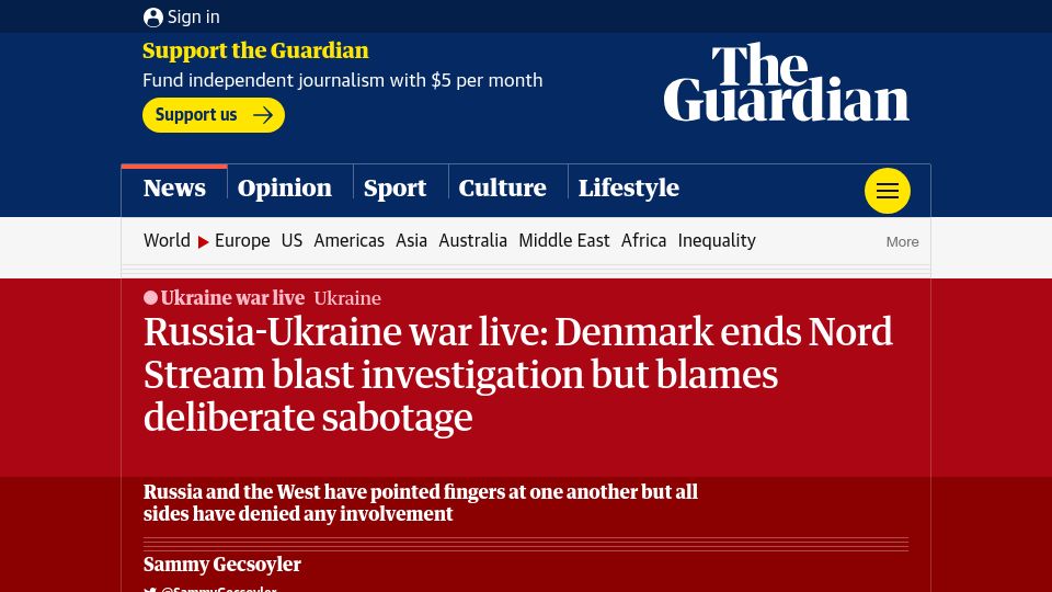 Screenshot of theguardian.com: Denmark ends Nord Stream blast investigation but blames deliberate sabotage
