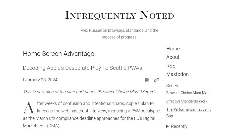 Screenshot of infrequently.org: Home Screen Advantage