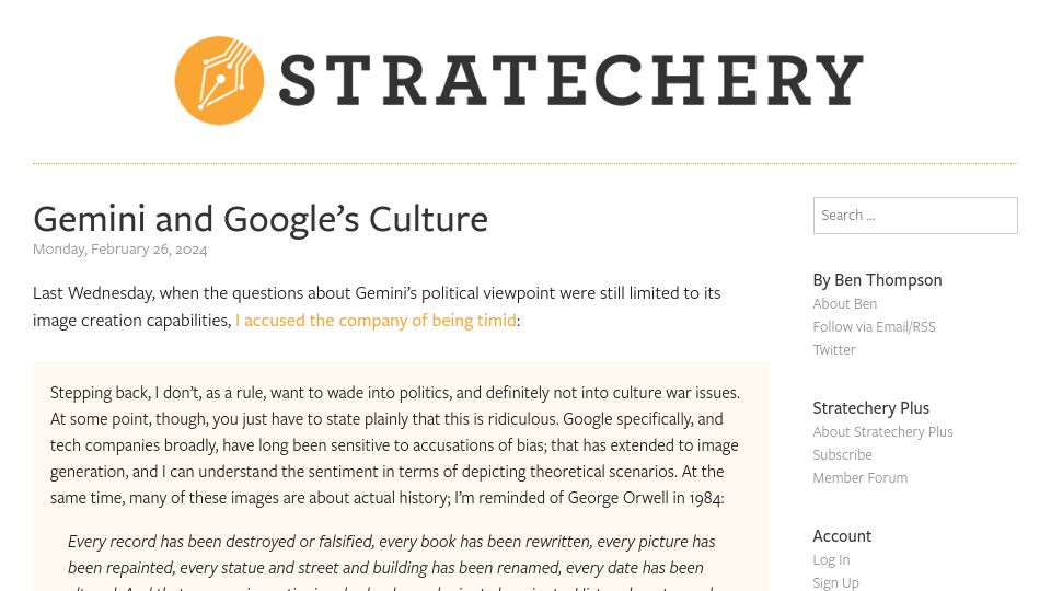 Screenshot of stratechery.com: Gemini and Google's Culture