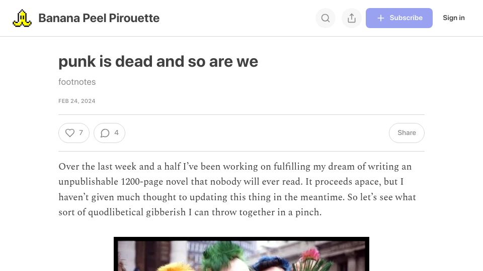 Screenshot of bananapeel.substack.com: Punk is dead and so are we