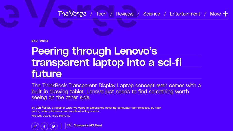 Screenshot of theverge.com: Lenovo's concept laptop is real, transparent, and ready to impress