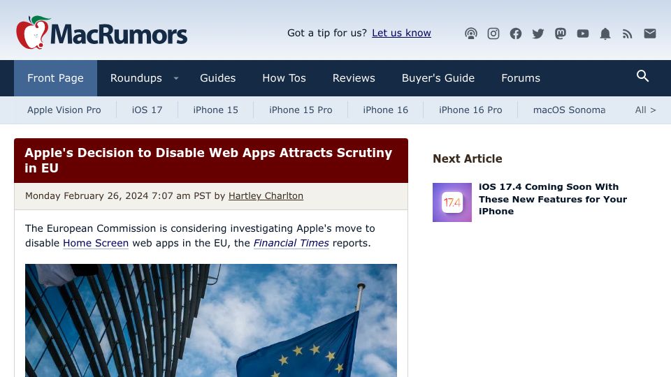 Screenshot of macrumors.com: Apple's Decision to Disable Web Apps Attracts Scrutiny in EU