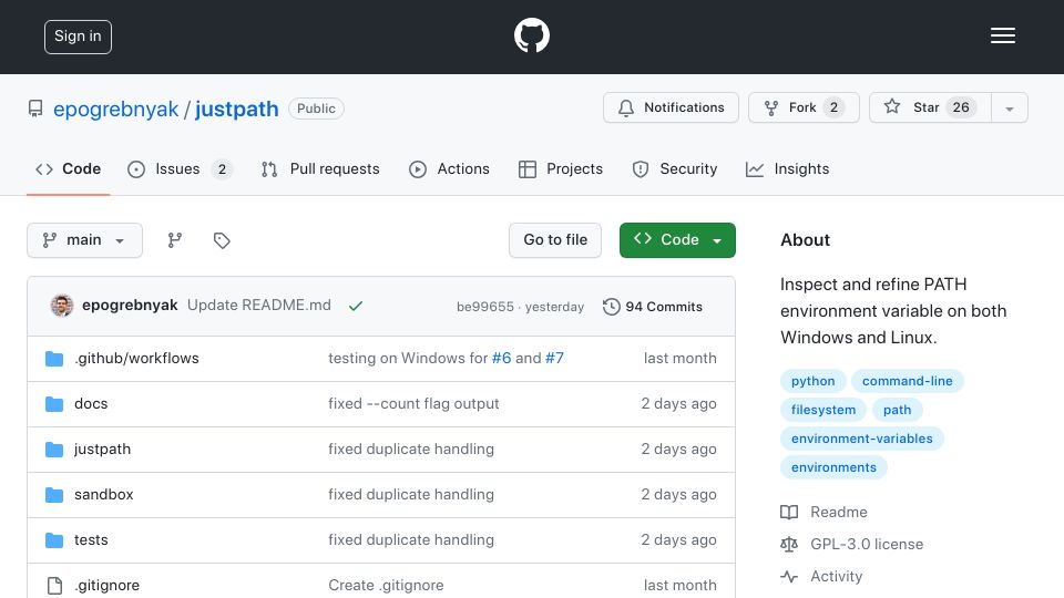 Screenshot of github.com: Show HN: Justpath – a simple utility to explore the PATH environment variable