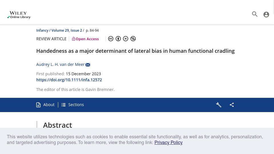 Screenshot of onlinelibrary.wiley.com: Handedness as a determinant of lateral bias in human functional cradling (2023)