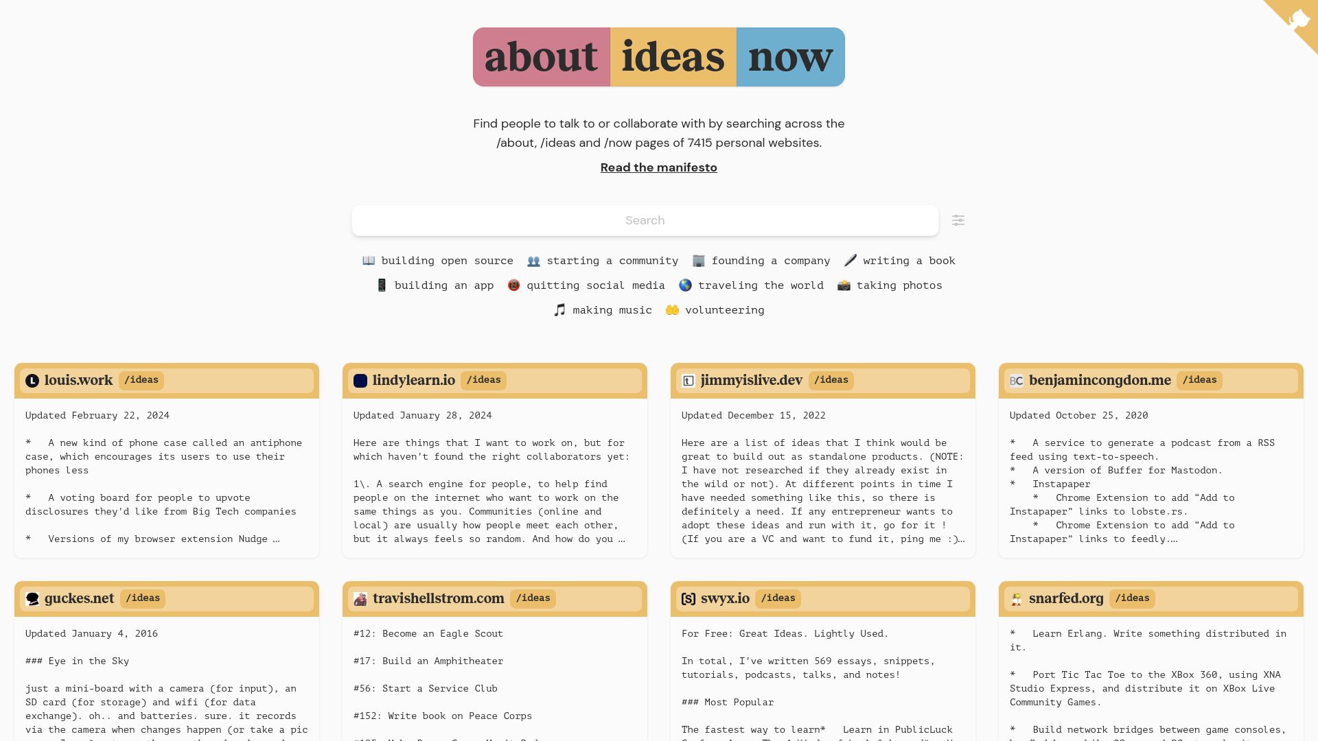 Screenshot of aboutideasnow.com: Show HN: AboutIdeasNow – search /about, /ideas, /now pages of 7k+ personal sites