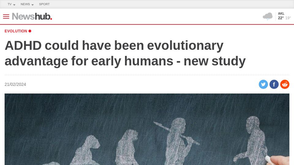 Screenshot of newshub.co.nz: ADHD could have been evolutionary advantage for early humans