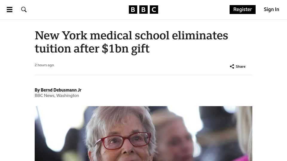 Screenshot of bbc.com: New York medical school eliminates tuition after $1B gift