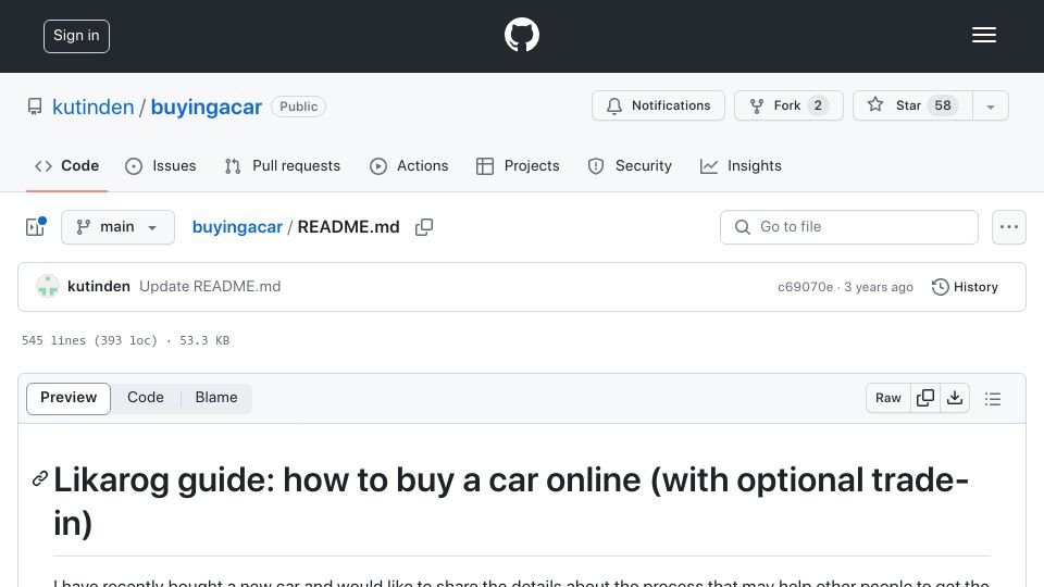 Screenshot of github.com: New car buying guide: the algorithm (2021)