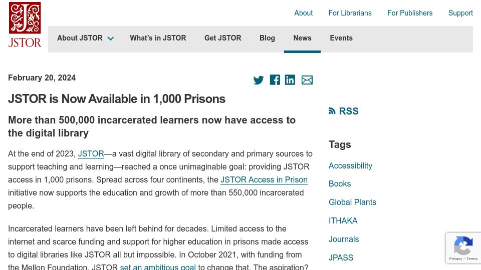 Screenshot of about.jstor.org: JSTOR is Now Available in 1k Prisons