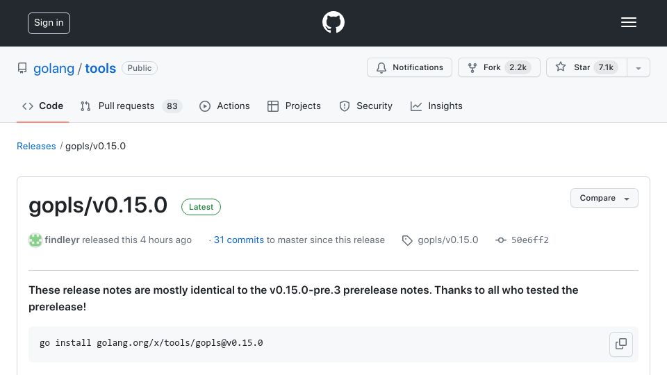 Screenshot of github.com: Gopls/v0.15.0