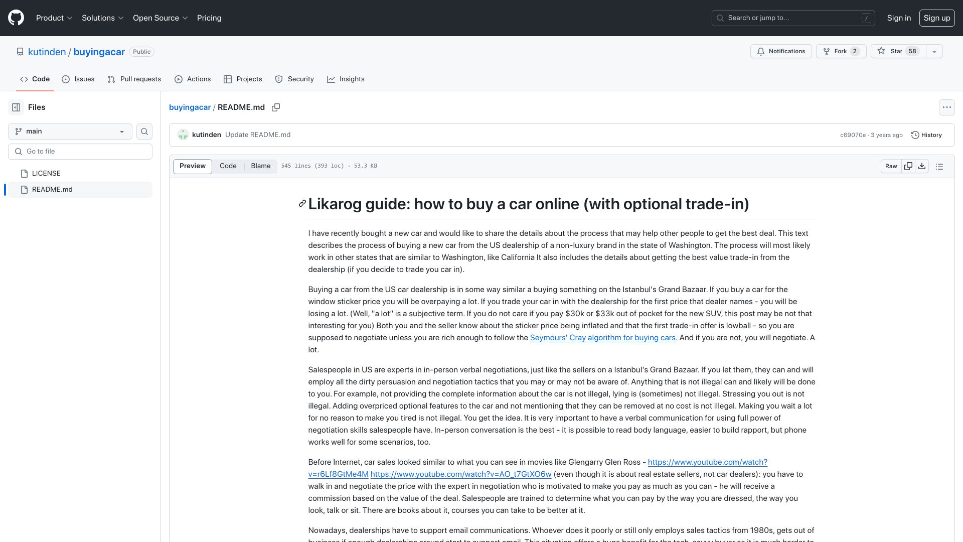 Screenshot of github.com: New car buying guide: the algorithm (2021)