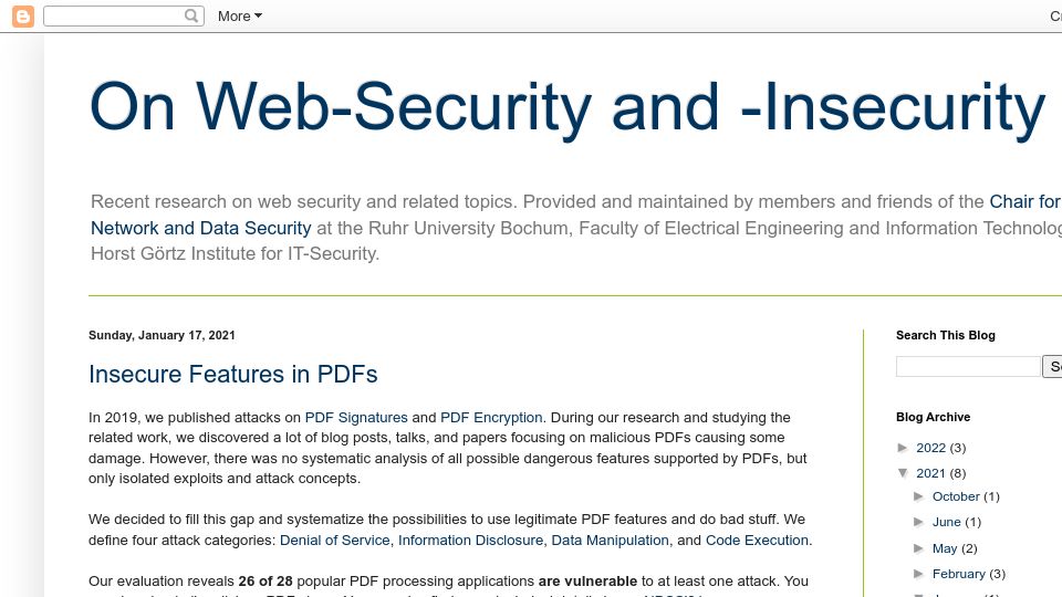 Screenshot of web-in-security.blogspot.com: Insecure Features in PDFs (2021)