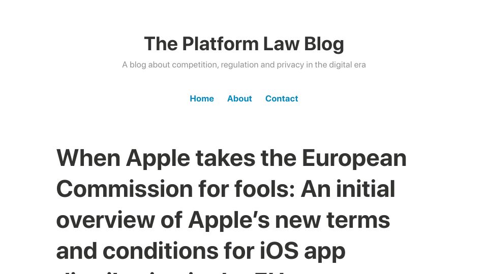 Screenshot of theplatformlaw.blog: When Apple takes the European Commission for fools: An initial overview