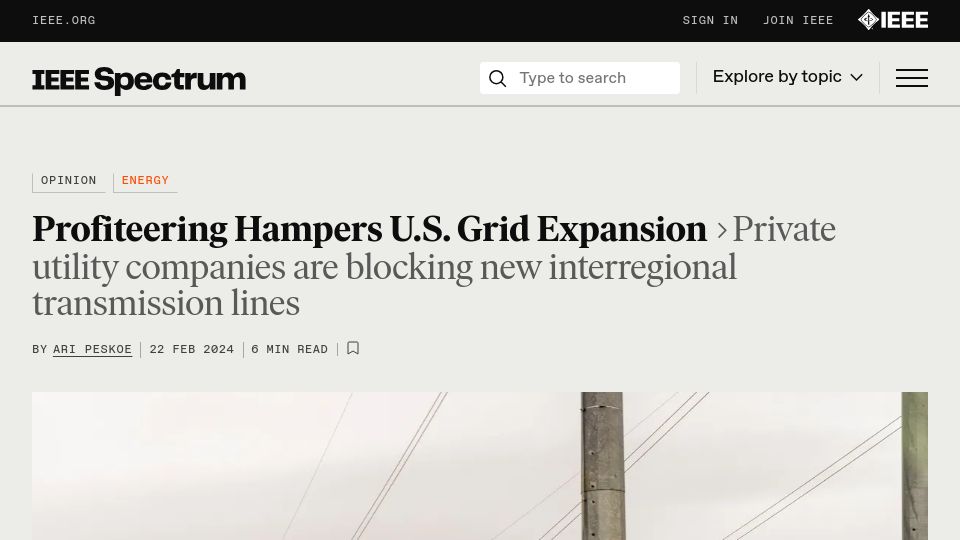 Screenshot of spectrum.ieee.org: Profiteering Hampers U.S. Grid Expansion
