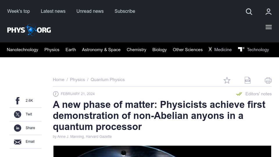 Screenshot of phys.org: A new phase of matter: Physicists show non-Abelian anyons in quantum processor