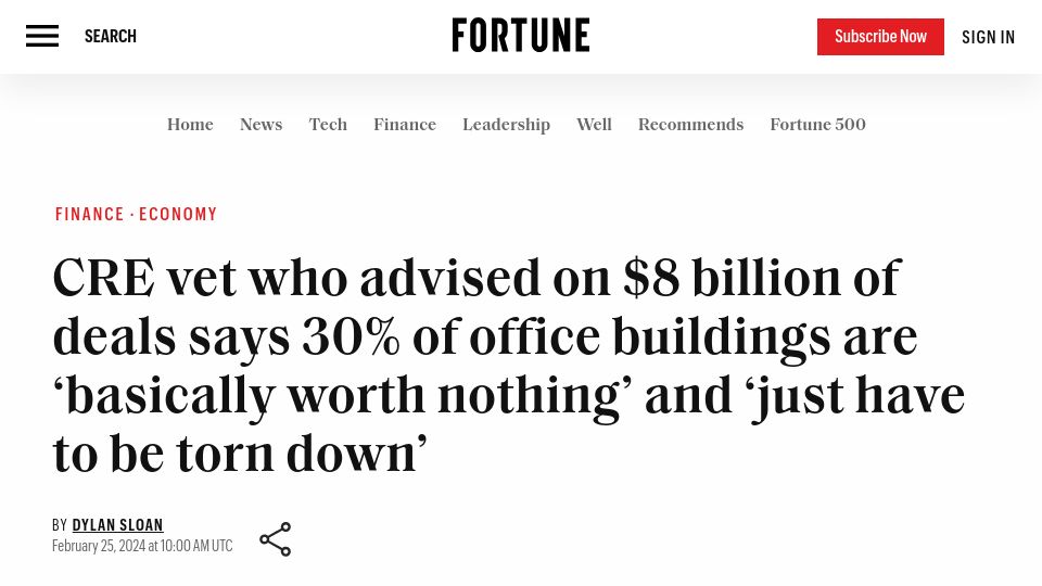 Screenshot of fortune.com: CRE vet says 30% of office buildings are 'basically worth nothing'