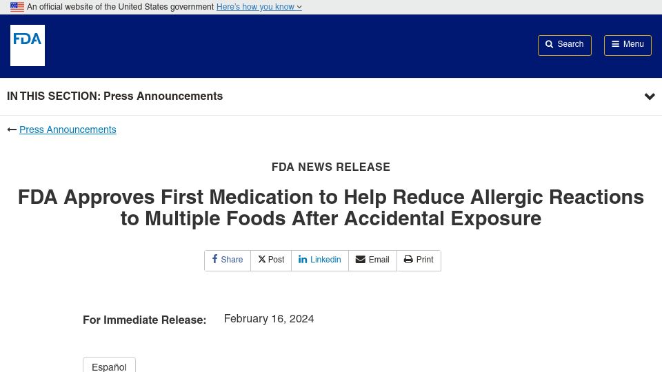 Screenshot of fda.gov: FDA approves first medication to reduce allergic reactions to multiple foods
