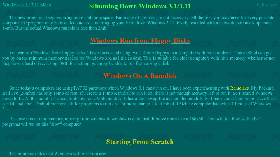 Screenshot of geocities.ws: Slimming Down Windows 3.1/3.11 (2002)