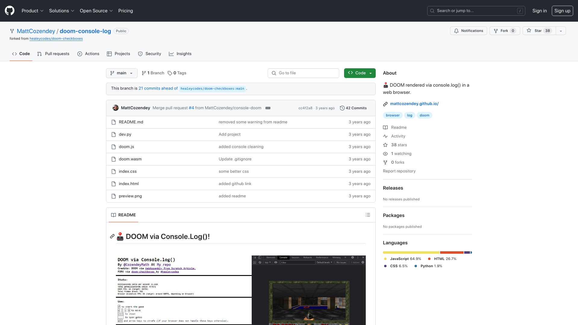 Screenshot of github.com: DOOM rendered via console.log() in a web browser (2021)