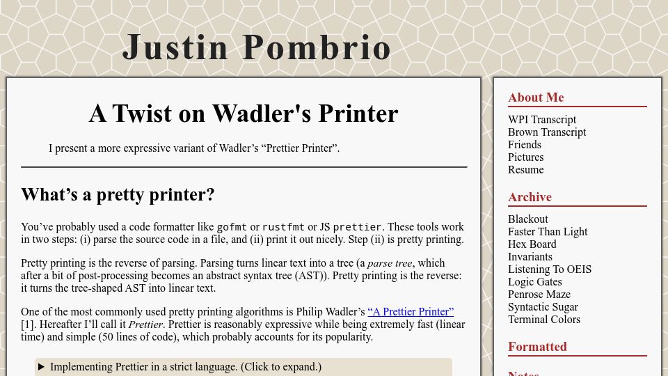 Screenshot of justinpombrio.net: A Twist on Wadler's Printer